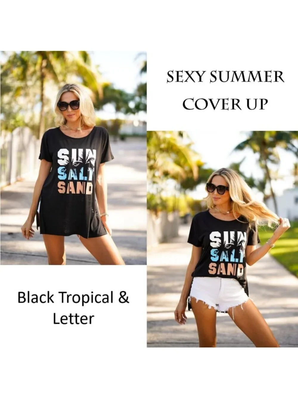 Women's Black Topical Leave Sleeve Cover Ups for Beach Bathing Suit Swimwear